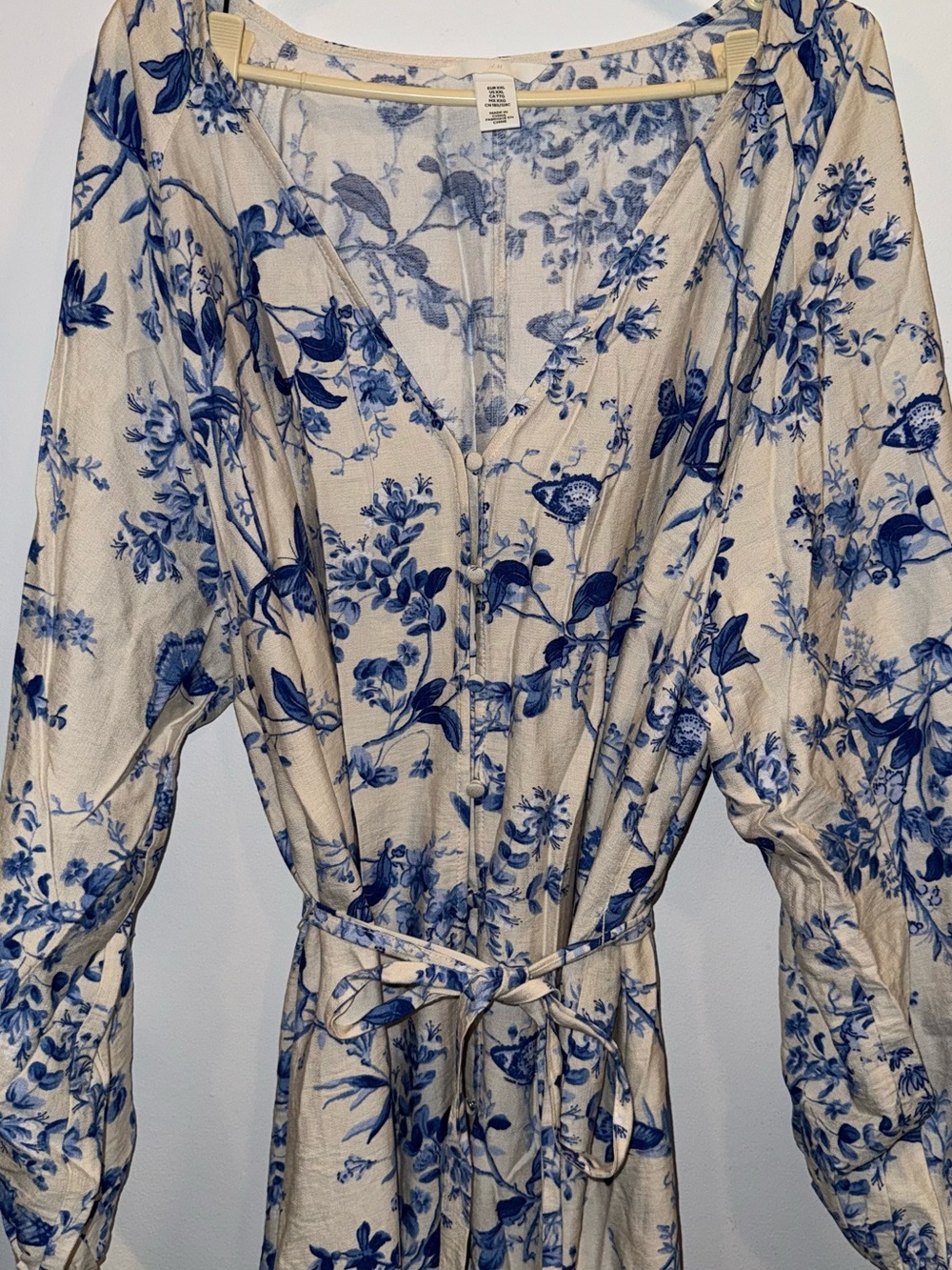 H&M White Dress with Blue Floral Print — Long Sleeve V-Neck